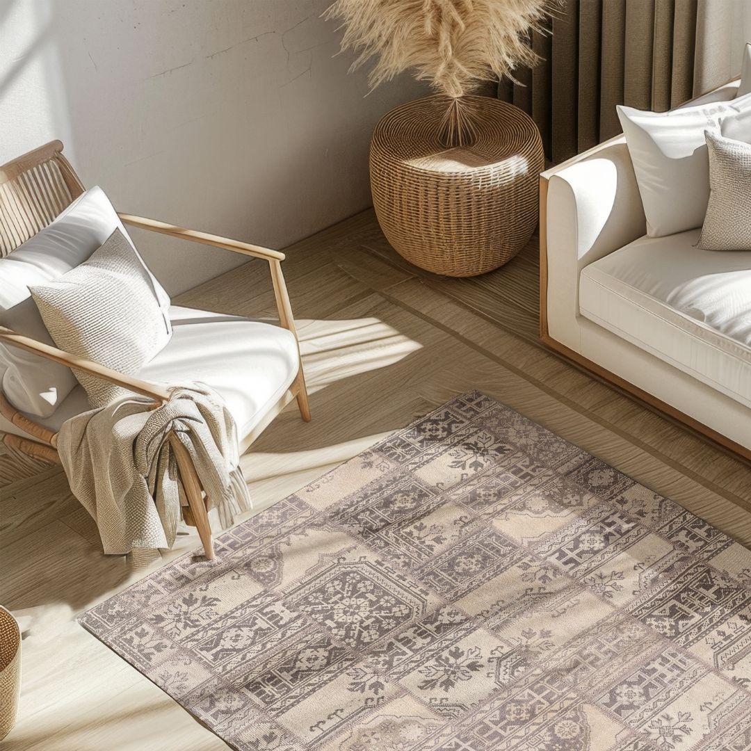 Vintage Soft Cream Blocks Turkish Rug - TUR-CRM-PAT-810-004 - Arconiz