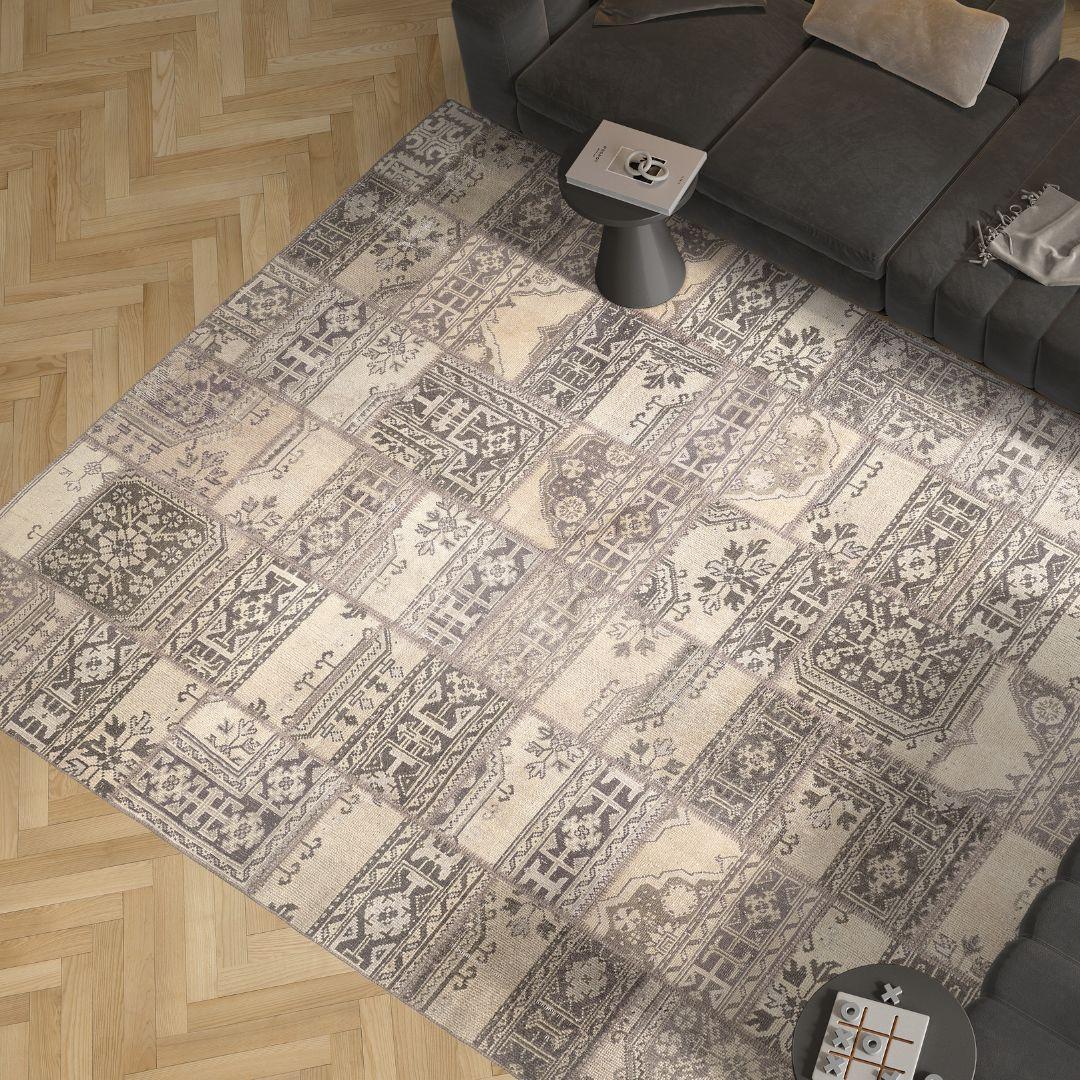 Vintage Soft Cream Blocks Turkish Rug - TUR-CRM-PAT-810-004 - Arconiz