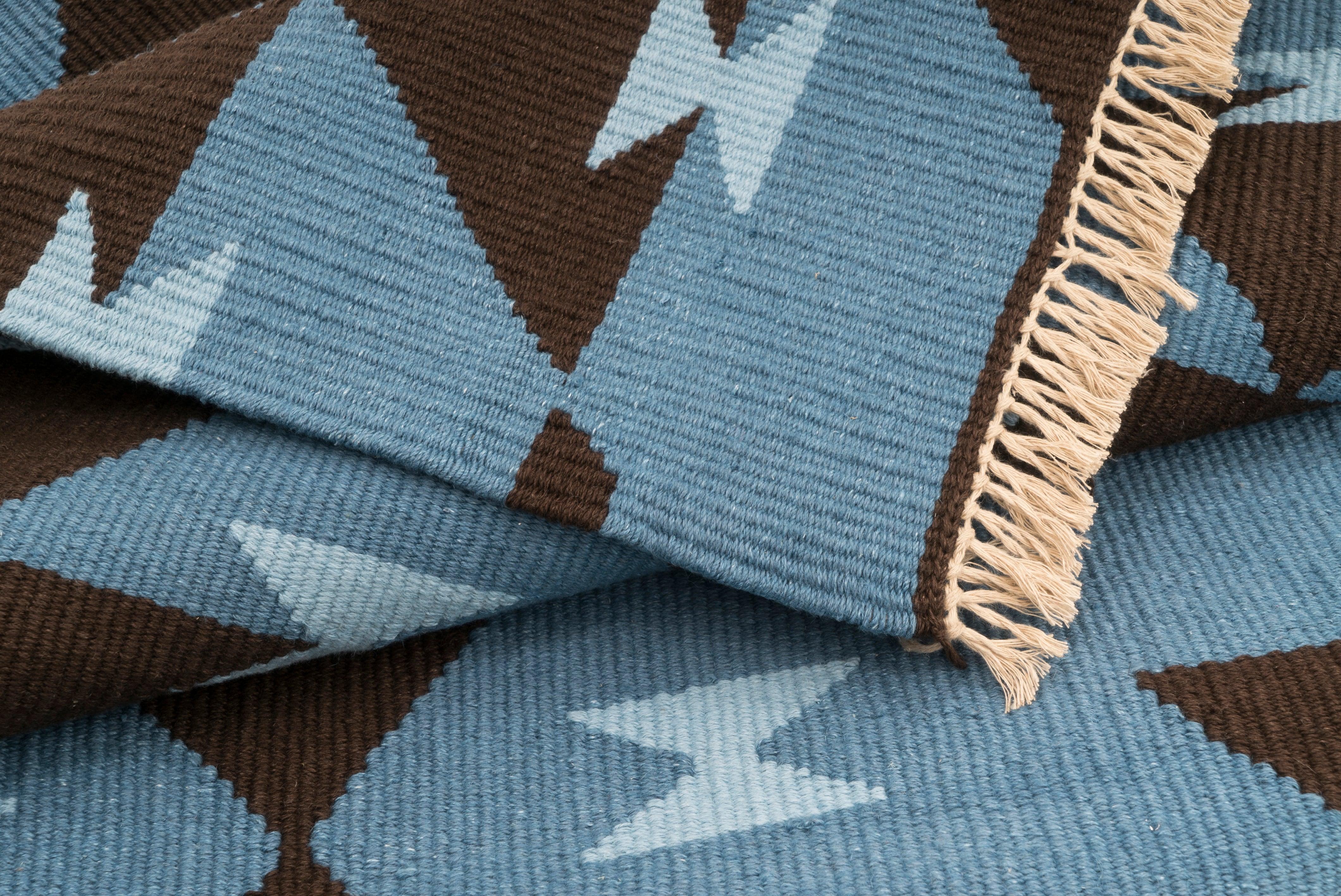 Game Board Handwoven Hemp Designer Rug in Shades of Blue/Brown - 9IHRDOK004016 - Arconiz