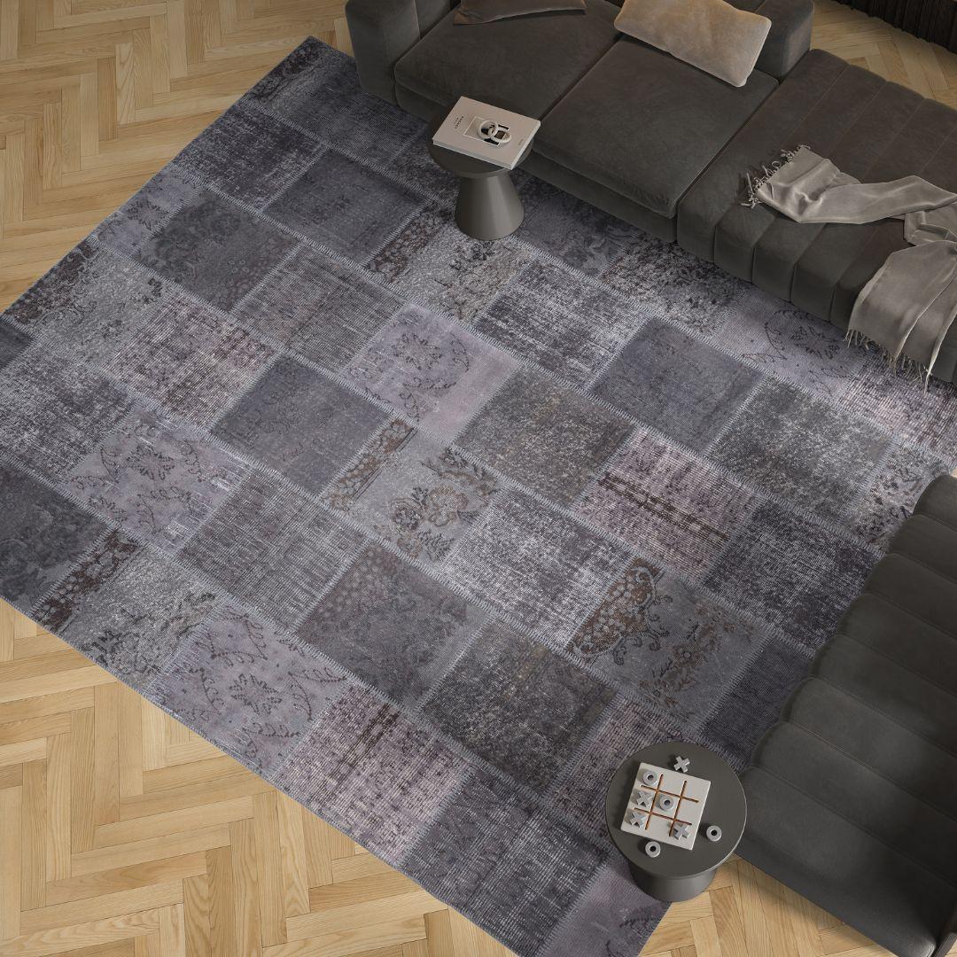 Vintage Gray Turkish Patchwork Pattern Rug - TUR-GRY-SAV-710-015 - Arconiz