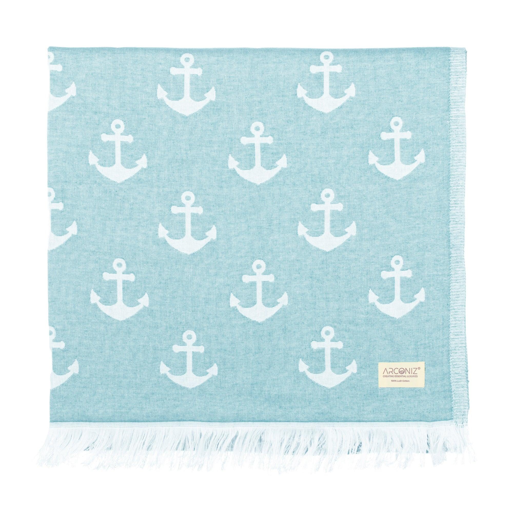 Luxurious Turkish Cotton Beach Towel - Anchor Design Aqua - HV-T949-RBM8 - Arconiz