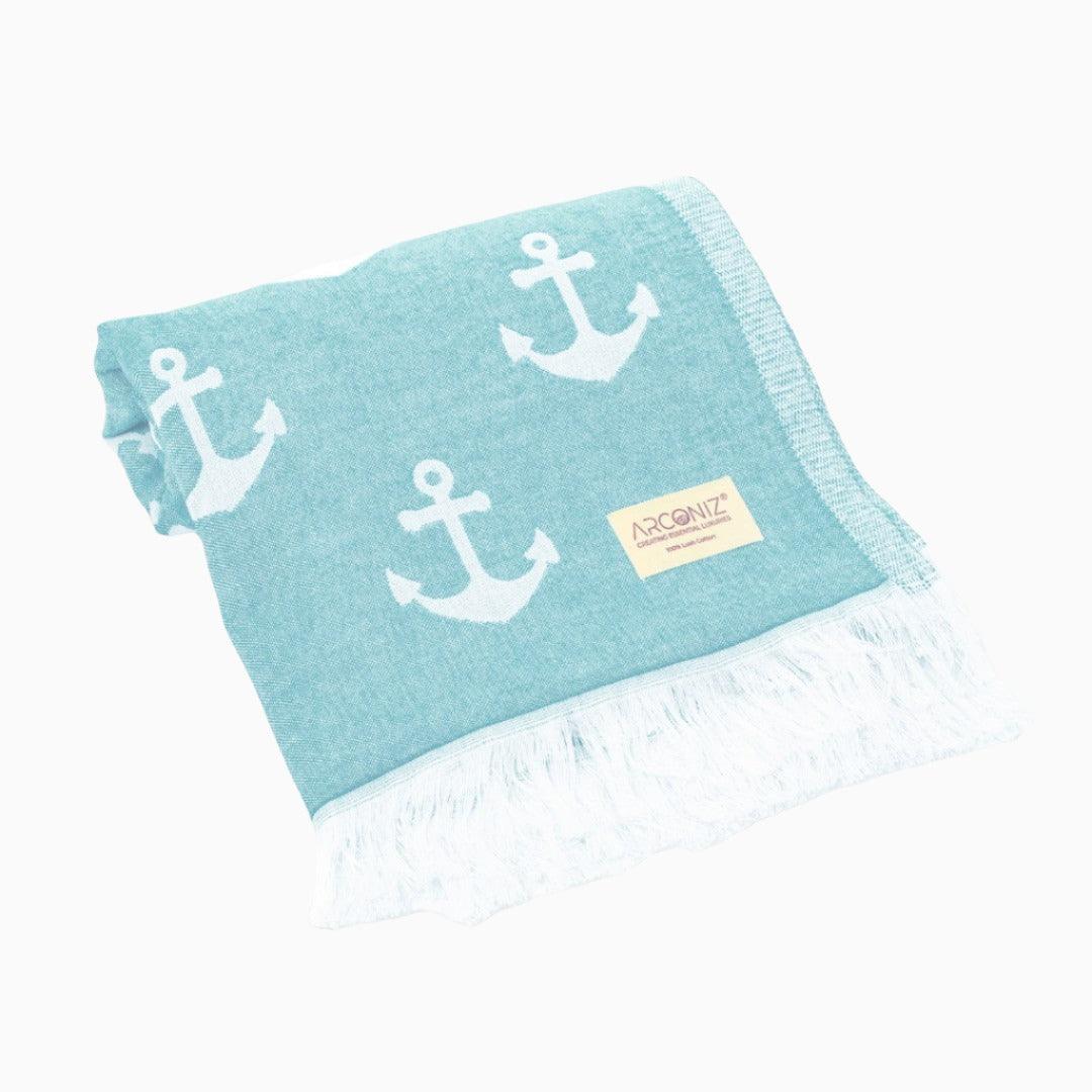 Luxurious Turkish Cotton Beach Towel - Anchor Design Aqua - HV-T949-RBM8 - Arconiz