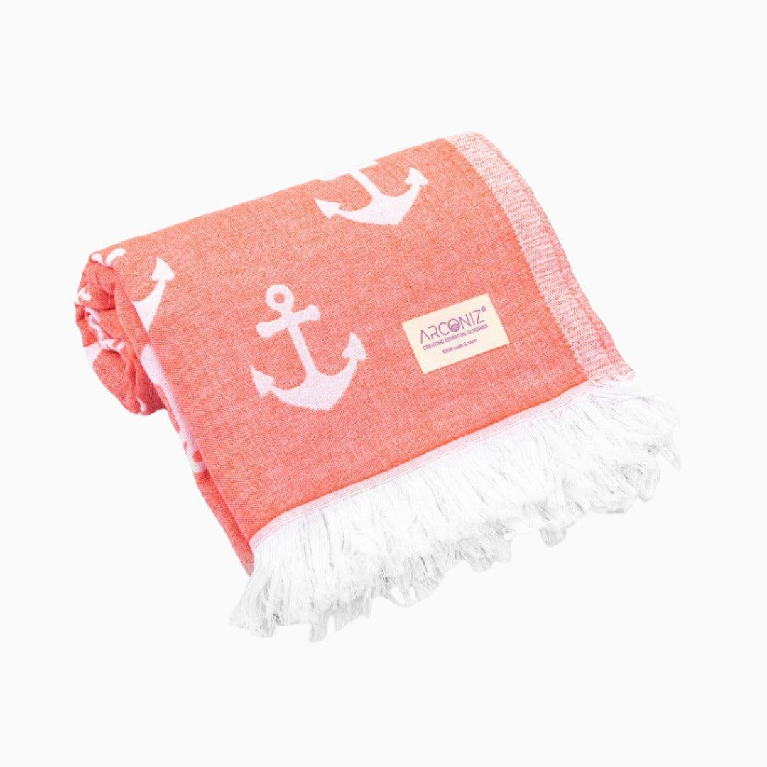 Luxurious Turkish Cotton Beach Towel - Anchor Design Pomegranate - TM-E59S-N8UD - Arconiz