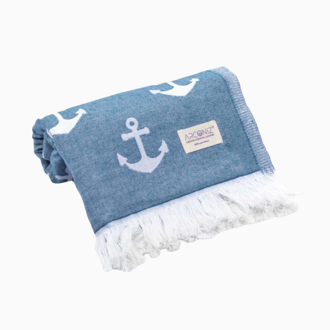 Luxurious Turkish Cotton Beach Towel - Anchor Design Blue - RQ-HVTV-GYI5 - Arconiz