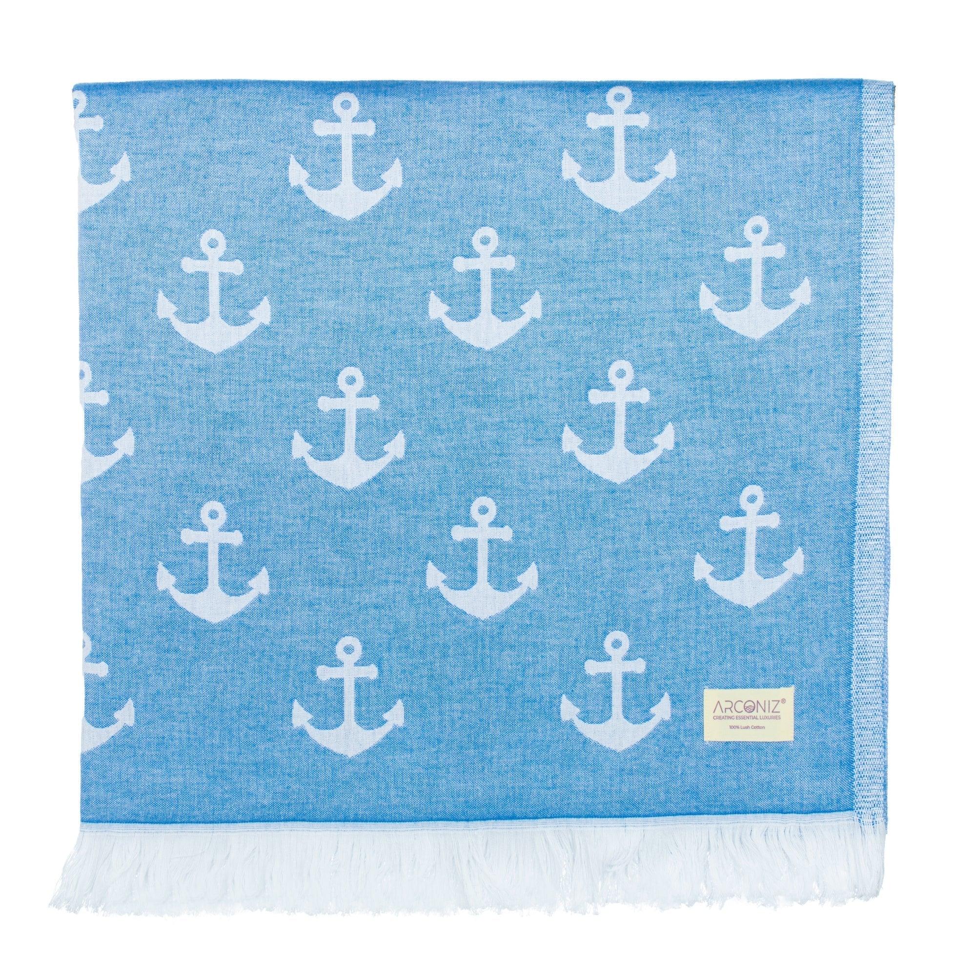Luxurious Turkish Cotton Beach Towel - Anchor Design Light Blue - 6P-GOSB-RQAU - Arconiz