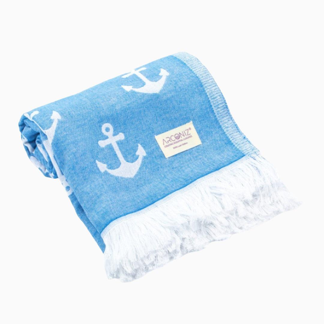 Luxurious Turkish Cotton Beach Towel - Anchor Design Light Blue - 6P-GOSB-RQAU - Arconiz