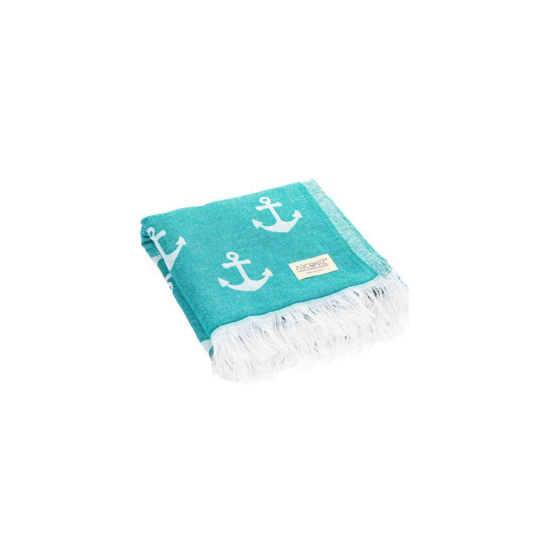 Luxurious Turkish Cotton Beach Towel - Anchor Design Teal Green - I1-1DJD-V4W9 - Arconiz