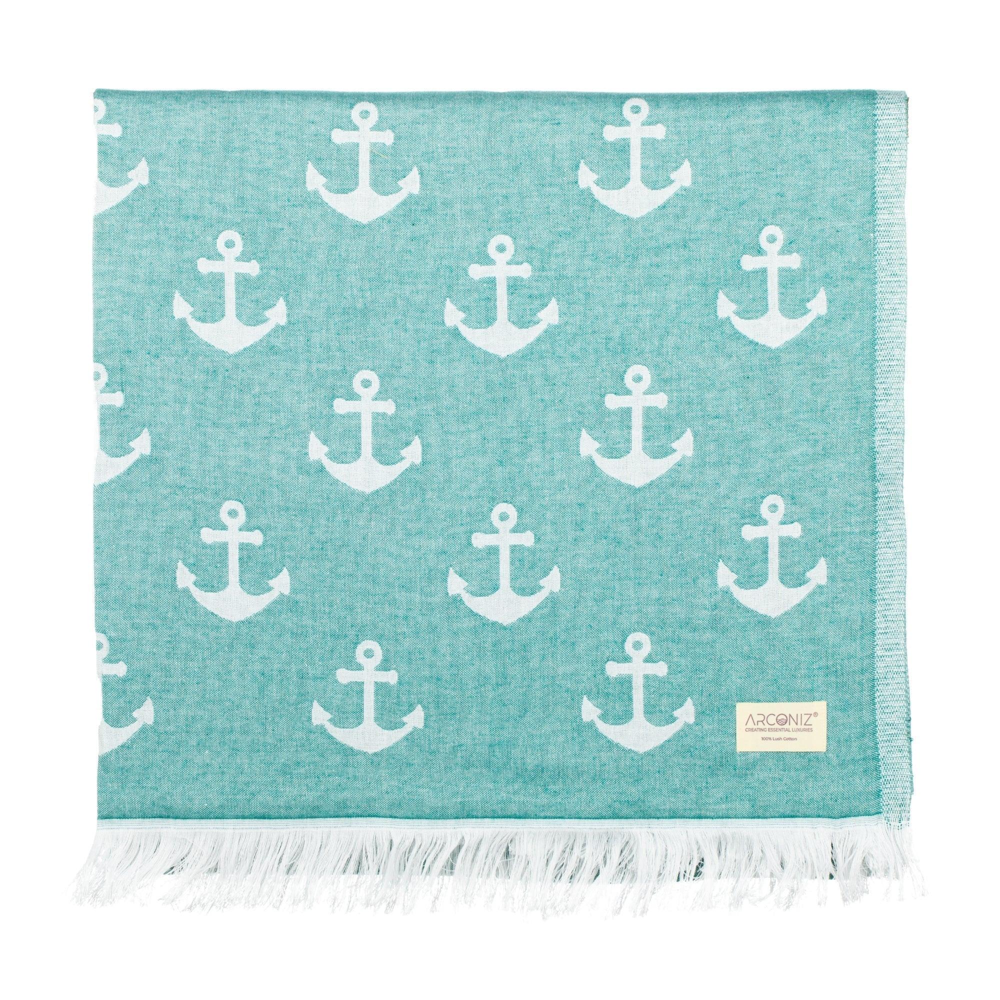 Luxurious Turkish Cotton Beach Towel - Anchor Design Teal Green - I1-1DJD-V4W9 - Arconiz