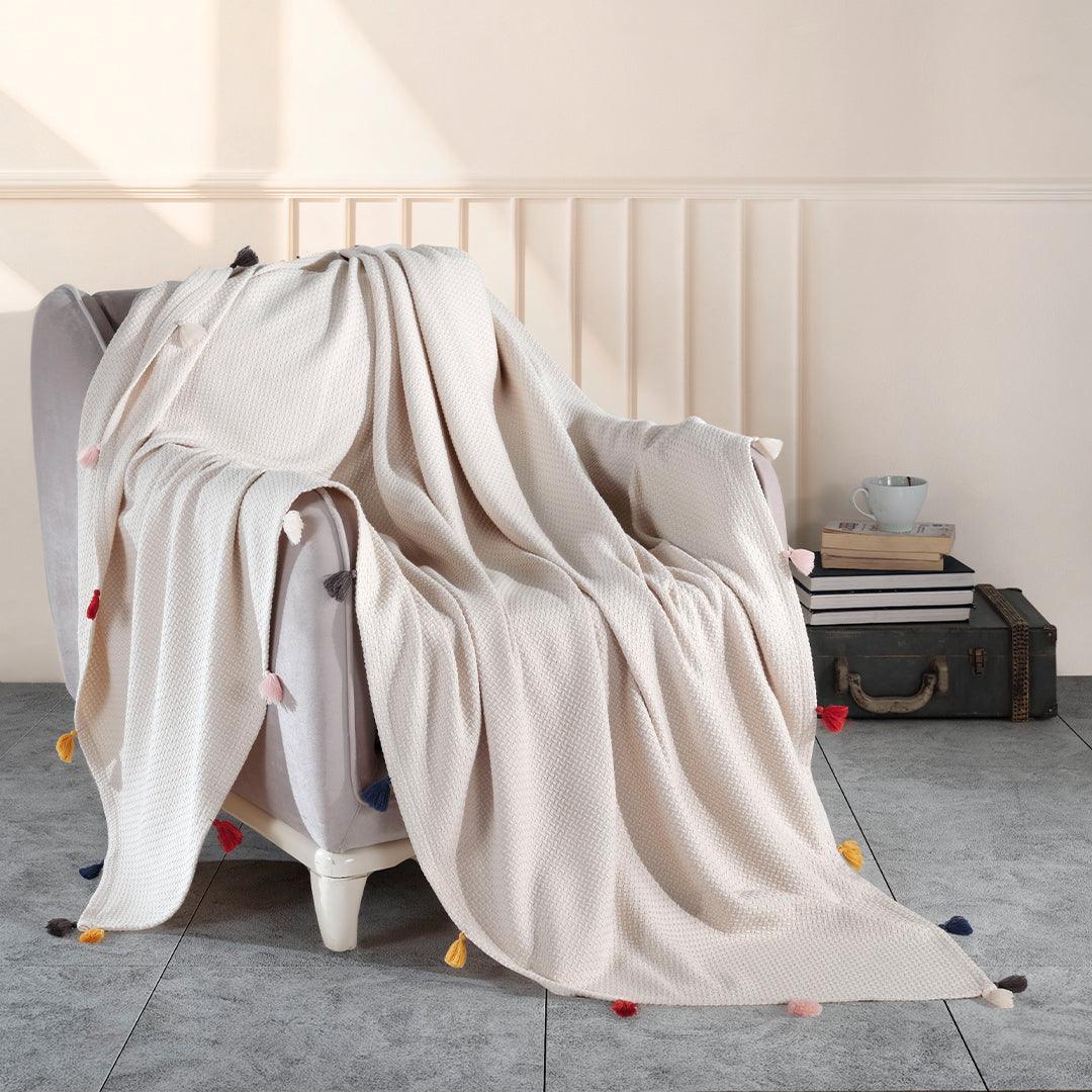 Premium Turkish Cotton Queen Blanket - Soft Pique Weave Light Beige - BBL-PIKE-BEI-80.96-1.1.1 - Arconiz