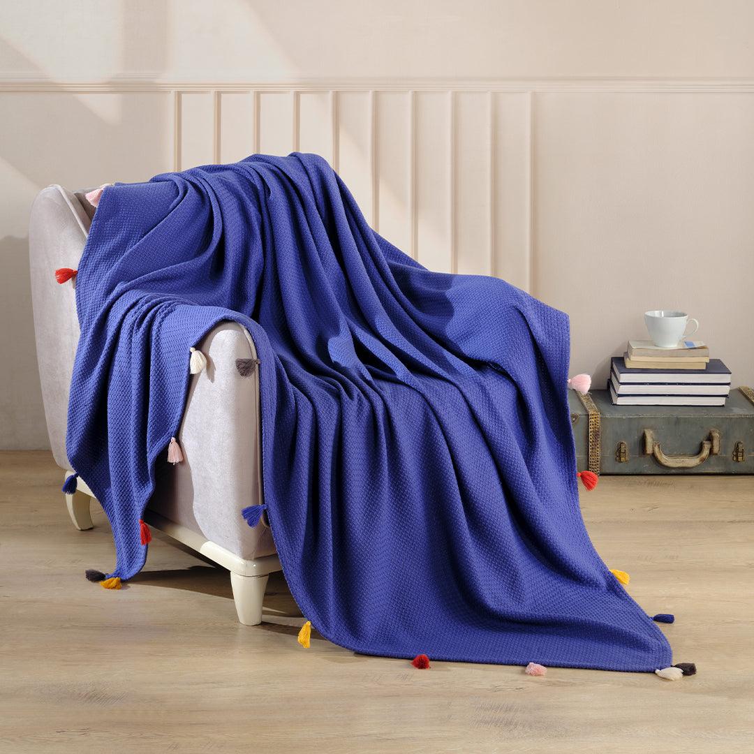 Premium Turkish Cotton Queen Blanket - Soft Pique Weave Indigo Blue - BBL-PIKE-BLU-80.96-1.4.1 - Arconiz