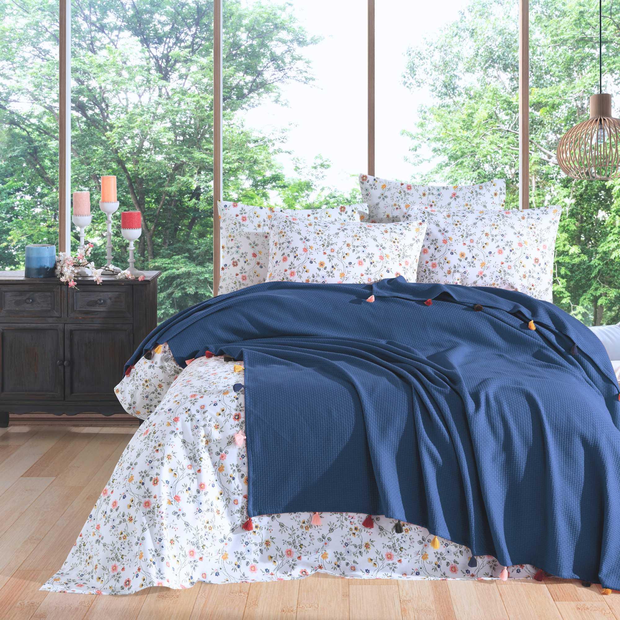 Premium Turkish Cotton Queen Blanket - Soft Pique Weave Indigo Blue - BBL-PIKE-BLU-80.96-1.4.1 - Arconiz