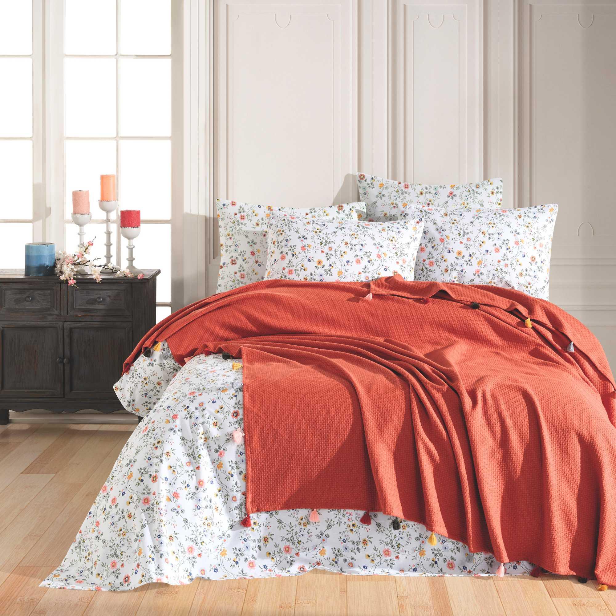 Premium Turkish Cotton Queen Blanket - Soft Pique Weave Burnt Orange - BBL-PIKE-TER-80.96-1.3.1 - Arconiz