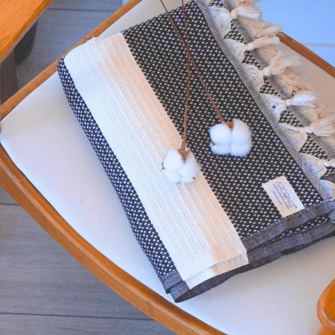 Luxurious Cotton Throw - Soft Boho Stripe Black - Bsk-Thr-1317-1U - Black - Arconiz