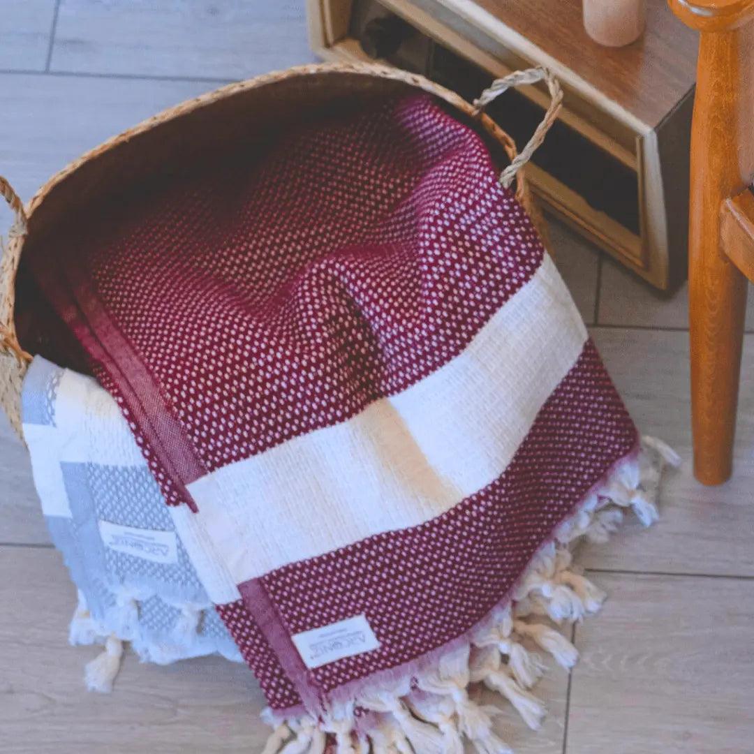 Luxurious Cotton Throw - Soft Boho Stripe Burgundy - Bsk-Thr-1317-1U - Burg - Arconiz