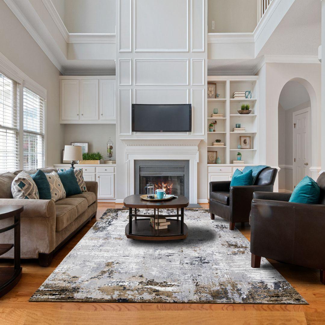 Modern Abstract Area Rug White Gray Gold, High Pile Height - DIA-10271-BRO-5X7-5.1 - Arconiz