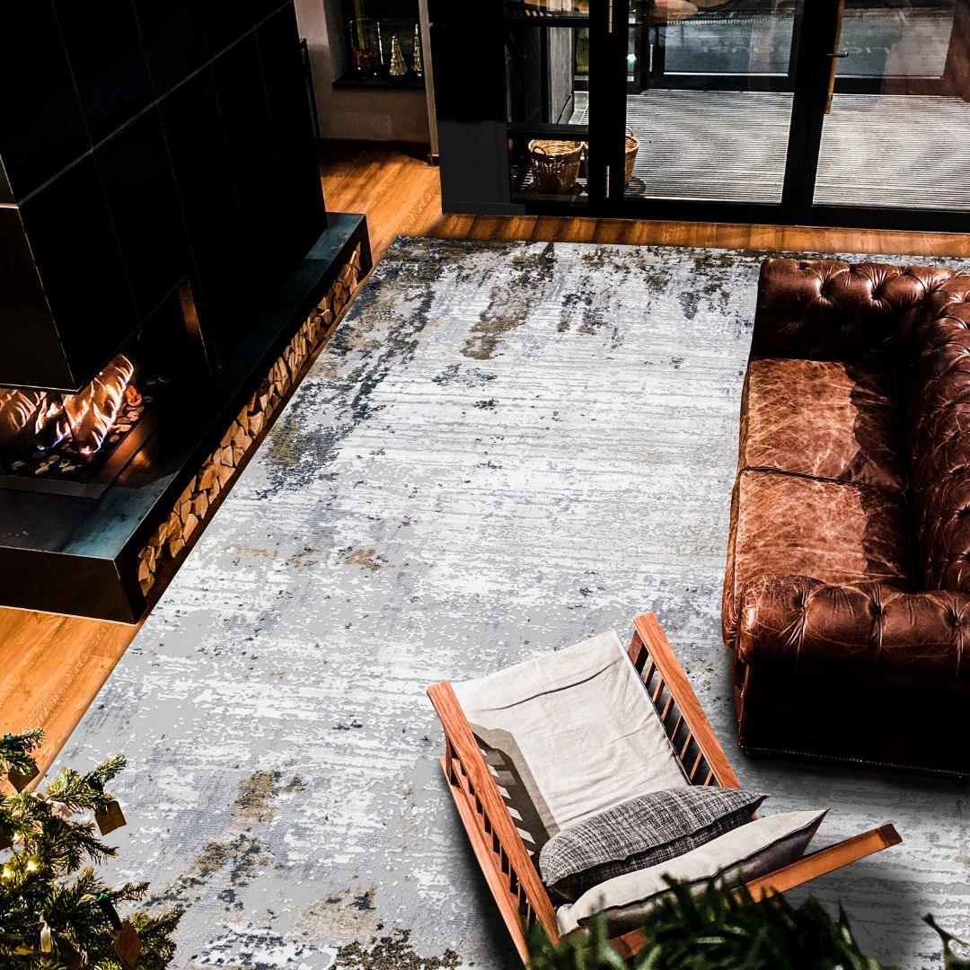 Modern Abstract Area Rug White Gray Gold, High Pile Height - DIA-10271-BRO-5X7-5.1 - Arconiz