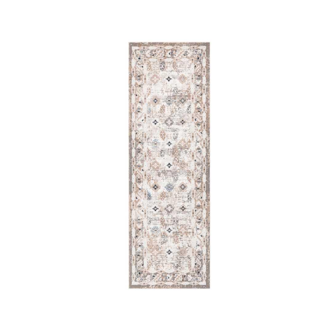 Ivory and Blue Floral Area Rug - Vintage Distressed Medallion Design, Ivory with Blue and Gray Accents, High Pile Height - EME-10129-GRE-2X6-4.1 - Arconiz