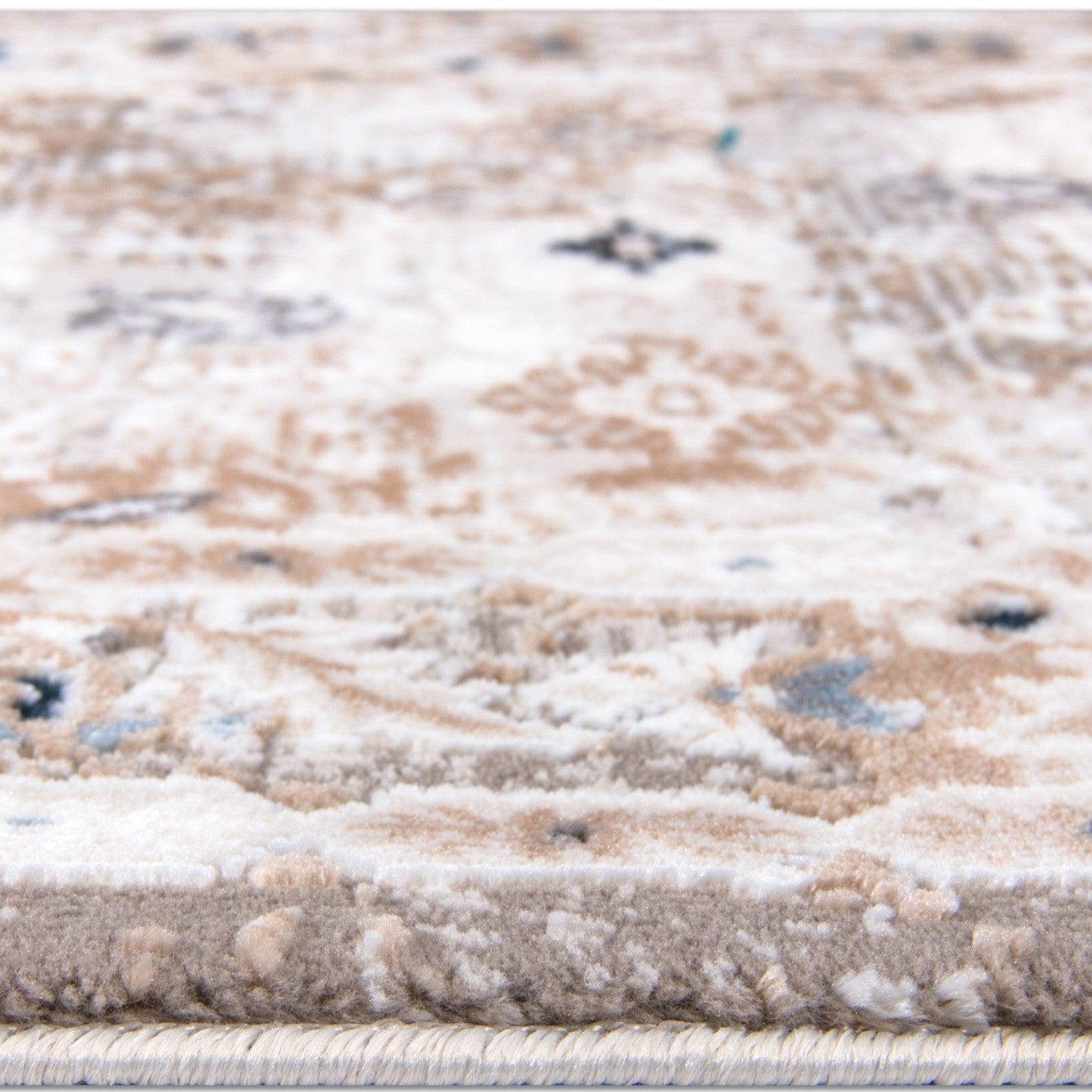 Ivory and Blue Floral Area Rug - Vintage Distressed Medallion Design, Ivory with Blue and Gray Accents, High Pile Height - EME-10129-GRE-2X6-4.1 - Arconiz