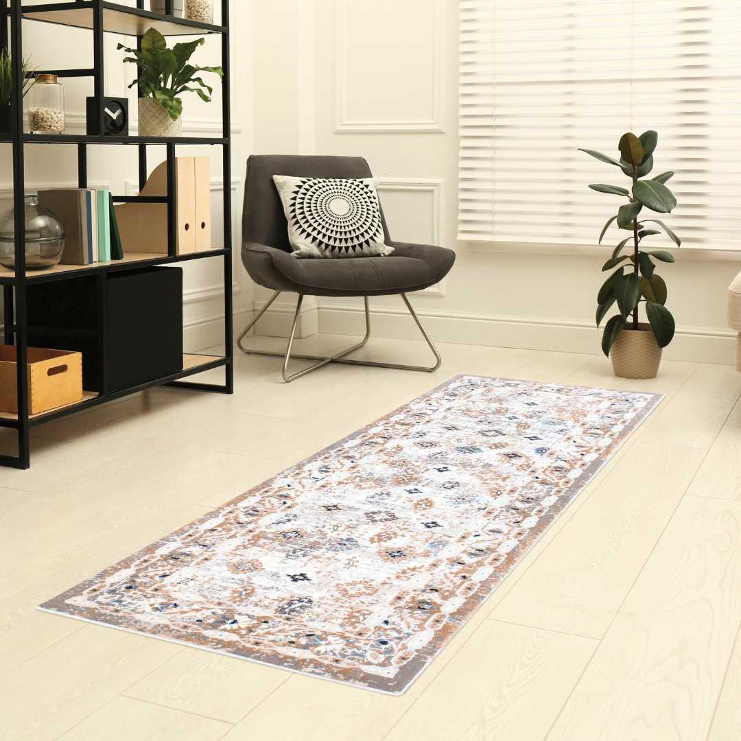 Ivory and Blue Floral Area Rug - Vintage Distressed Medallion Design, Ivory with Blue and Gray Accents, High Pile Height - EME-10129-GRE-2X6-4.1 - Arconiz