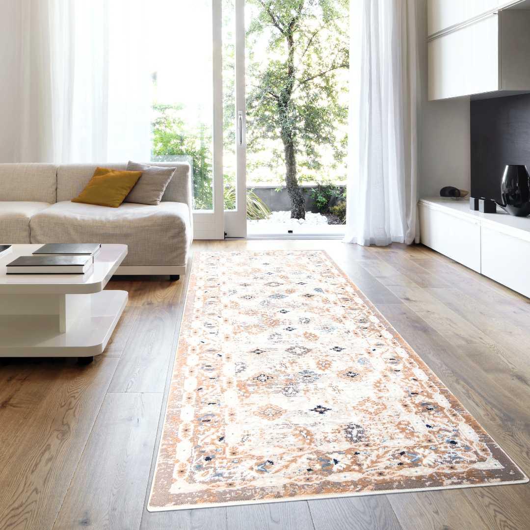 Ivory and Blue Floral Area Rug - Vintage Distressed Medallion Design, Ivory with Blue and Gray Accents, High Pile Height - EME-10129-GRE-2X6-4.1 - Arconiz