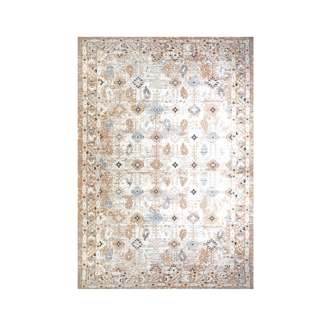 Ivory and Blue Floral Area Rug - Vintage Distressed Medallion Design, Ivory with Blue and Gray Accents, High Pile Height - EME-10129-GRE-8X10-4.1 - Arconiz