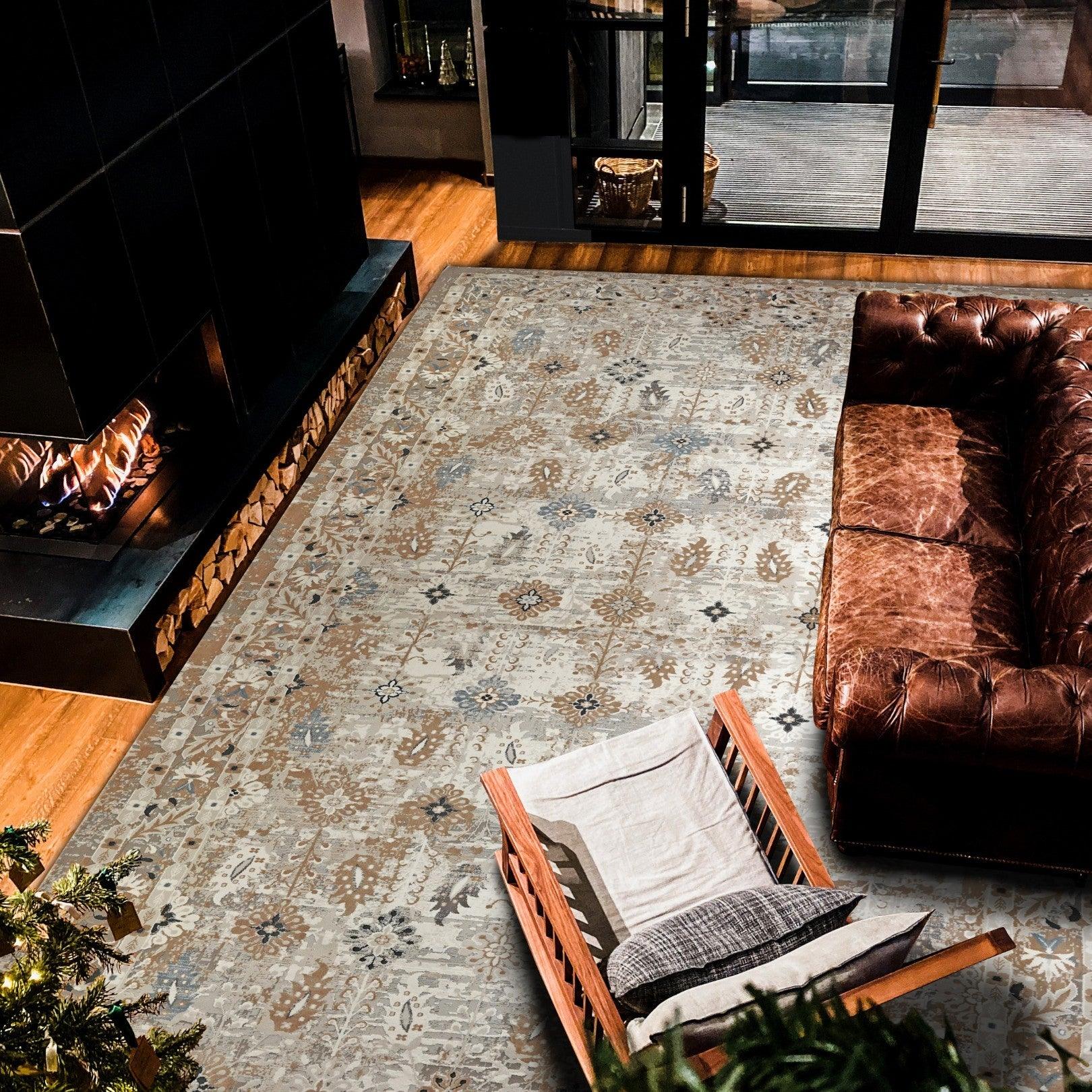 Ivory and Blue Floral Area Rug - Vintage Distressed Medallion Design, Ivory with Blue and Gray Accents, High Pile Height - EME-10129-GRE-2X6-4.1 - Arconiz