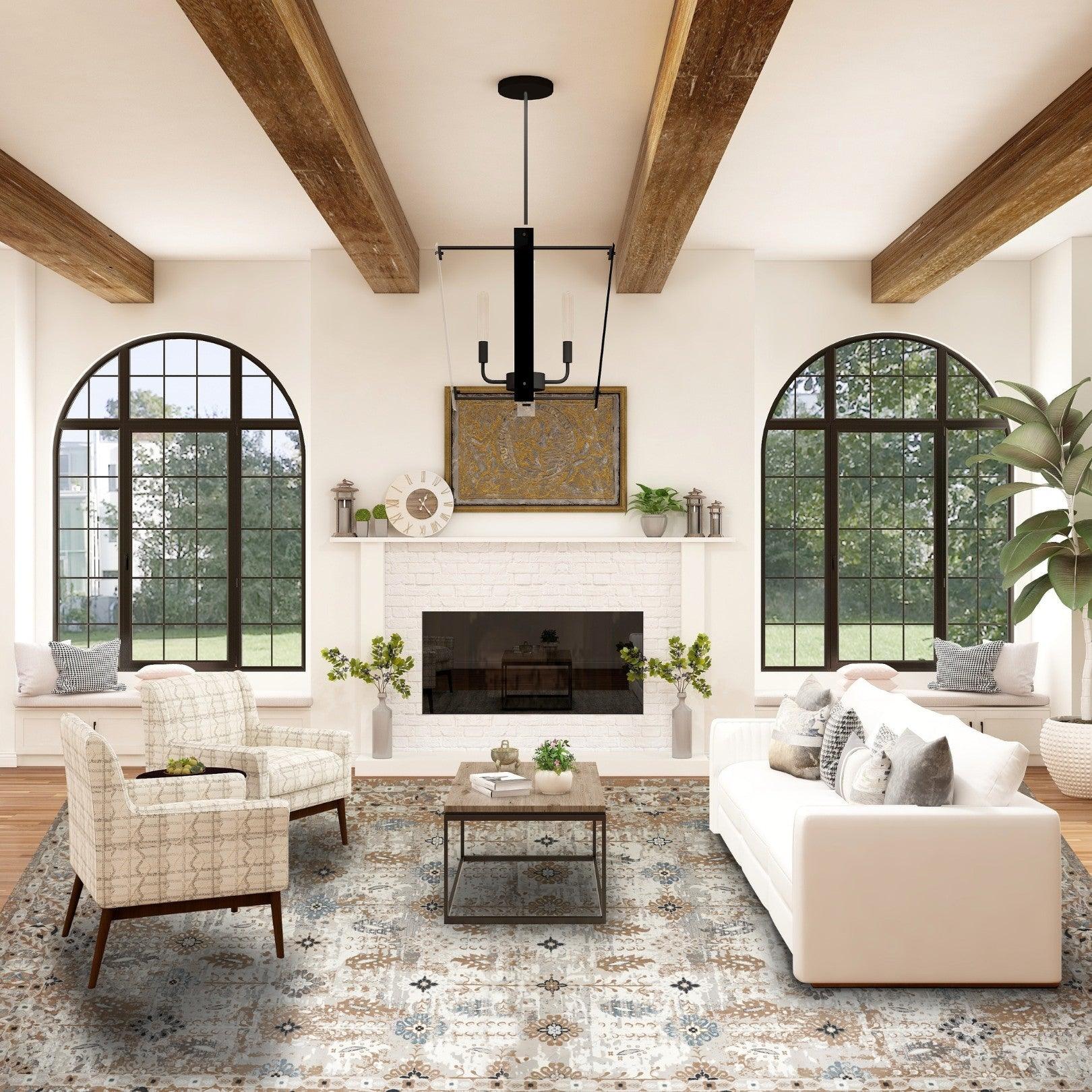 Ivory and Blue Floral Area Rug - Vintage Distressed Medallion Design, Ivory with Blue and Gray Accents, High Pile Height - EME-10129-GRE-2X6-4.1 - Arconiz