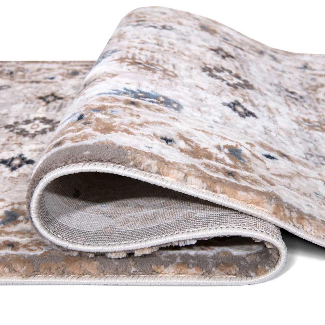 Ivory and Blue Floral Area Rug - Vintage Distressed Medallion Design, Ivory with Blue and Gray Accents, High Pile Height - EME-10129-GRE-2X6-4.1 - Arconiz