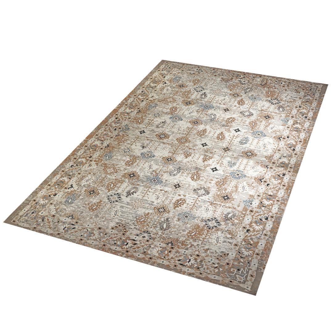 Ivory and Blue Floral Area Rug - Vintage Distressed Medallion Design, Ivory with Blue and Gray Accents, High Pile Height - EME-10129-GRE-2X6-4.1 - Arconiz