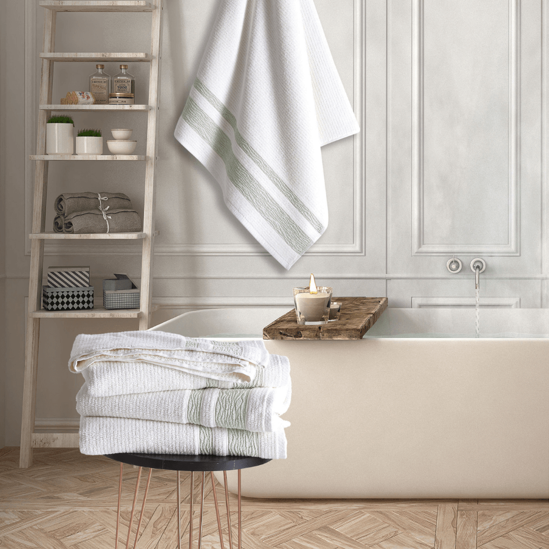 Dark Green Bordure Jacquard Turkish Cotton Bath Towels - 2 Piece Set - BAT-1.JAQ-OLI-30.56-1.1.2 - Arconiz