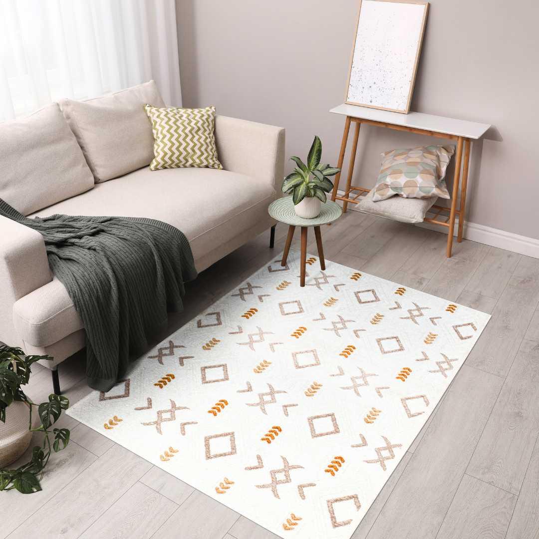 White & Orange Geometric Area Rug | Reversible, Machine Washable - OPA-K5018-ORA-3X5-3.1 - Arconiz