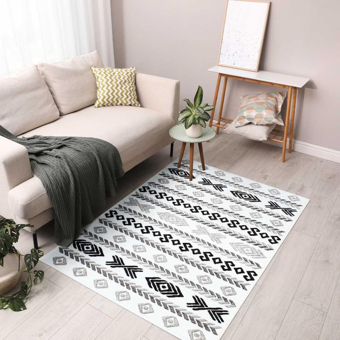 Machine Washable Area Rug, Reversible Black and White Geometric - OPA-K5023-BLA-3X5-3.1 - Arconiz