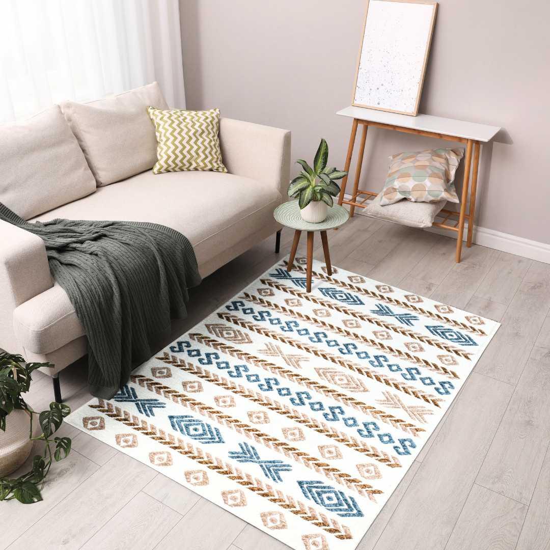 Machine Washable Reversible Geometric Tribal Area Rug, Blue & Beige - OPA-K5023-BLU-8X10-3.1 - Arconiz