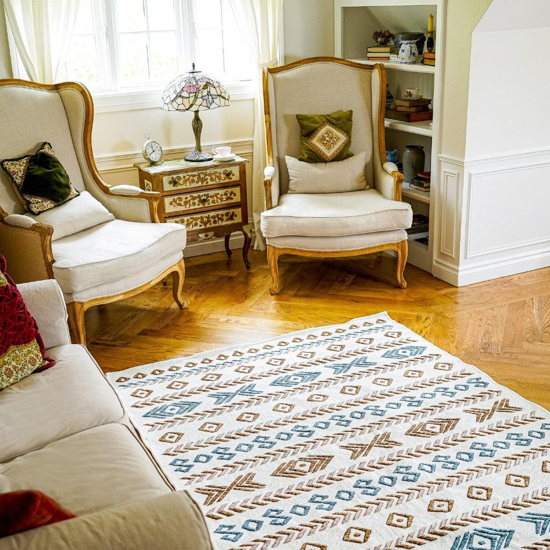 Machine Washable Reversible Geometric Tribal Area Rug, Blue & Beige - OPA-K5023-BLU-8X10-3.1 - Arconiz