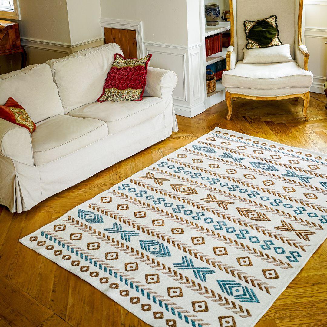 Machine Washable Reversible Geometric Tribal Area Rug, Blue & Beige - OPA-K5023-BLU-8X10-3.1 - Arconiz