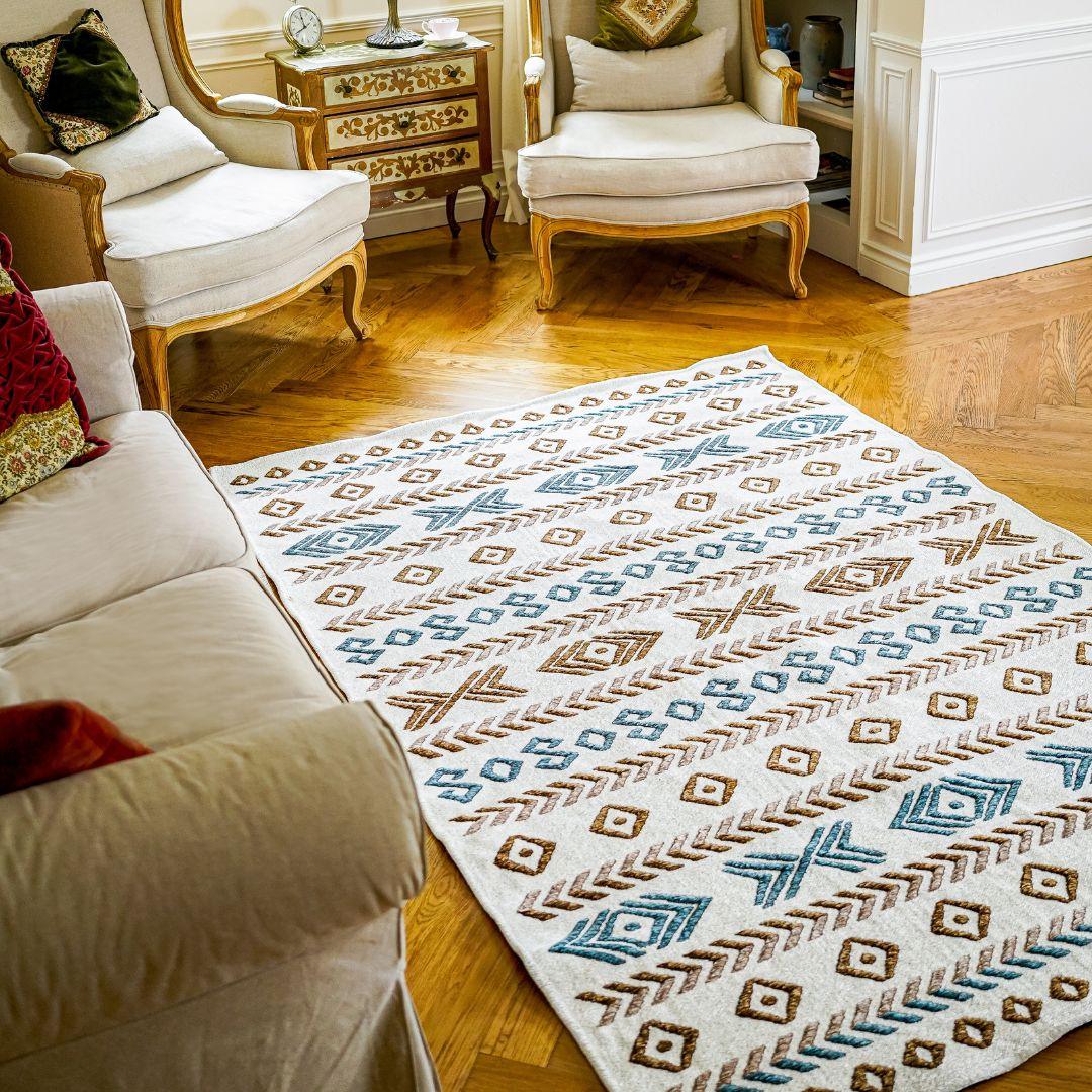 Machine Washable Reversible Geometric Tribal Area Rug, Blue & Beige - OPA-K5023-BLU-8X10-3.1 - Arconiz