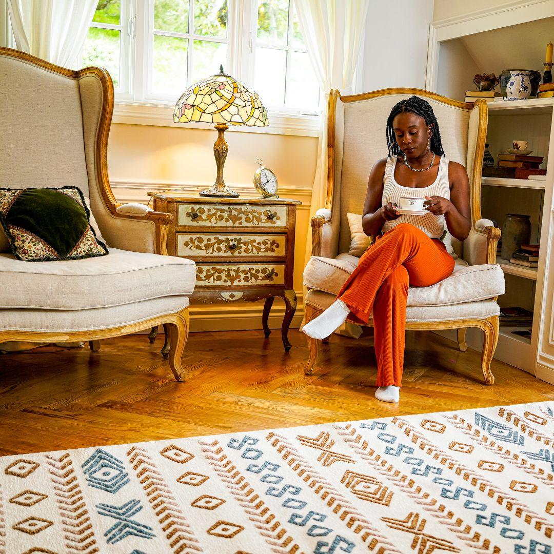 Machine Washable Reversible Geometric Tribal Area Rug, Blue & Beige - OPA-K5023-BLU-8X10-3.1 - Arconiz