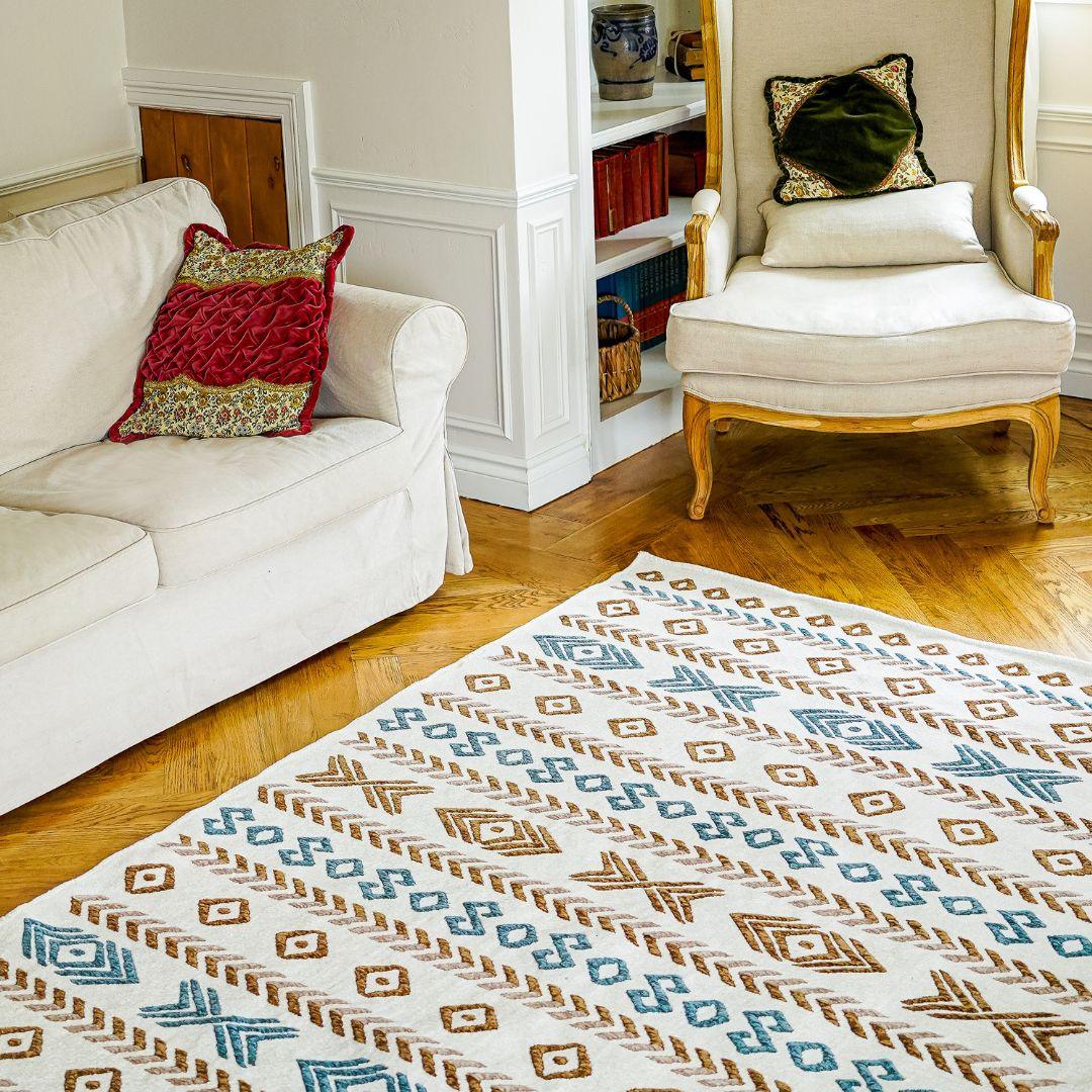 Machine Washable Reversible Geometric Tribal Area Rug, Blue & Beige - OPA-K5023-BLU-8X10-3.1 - Arconiz