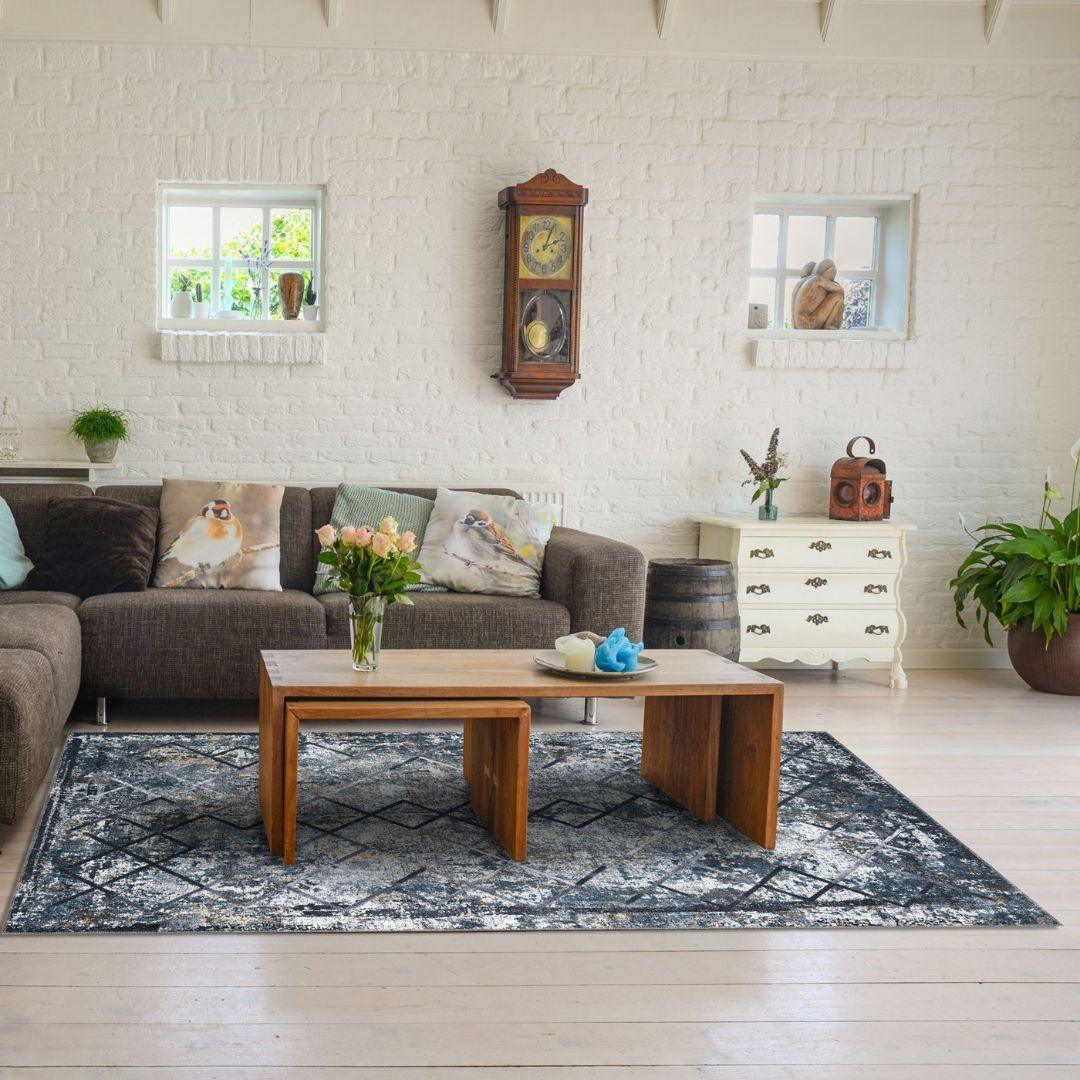 Machine Washable Area Rug, Blue Gray Distressed Design, Recycled Material - SAP-9xN1005-GRE-2X3-5.1.1 - Arconiz