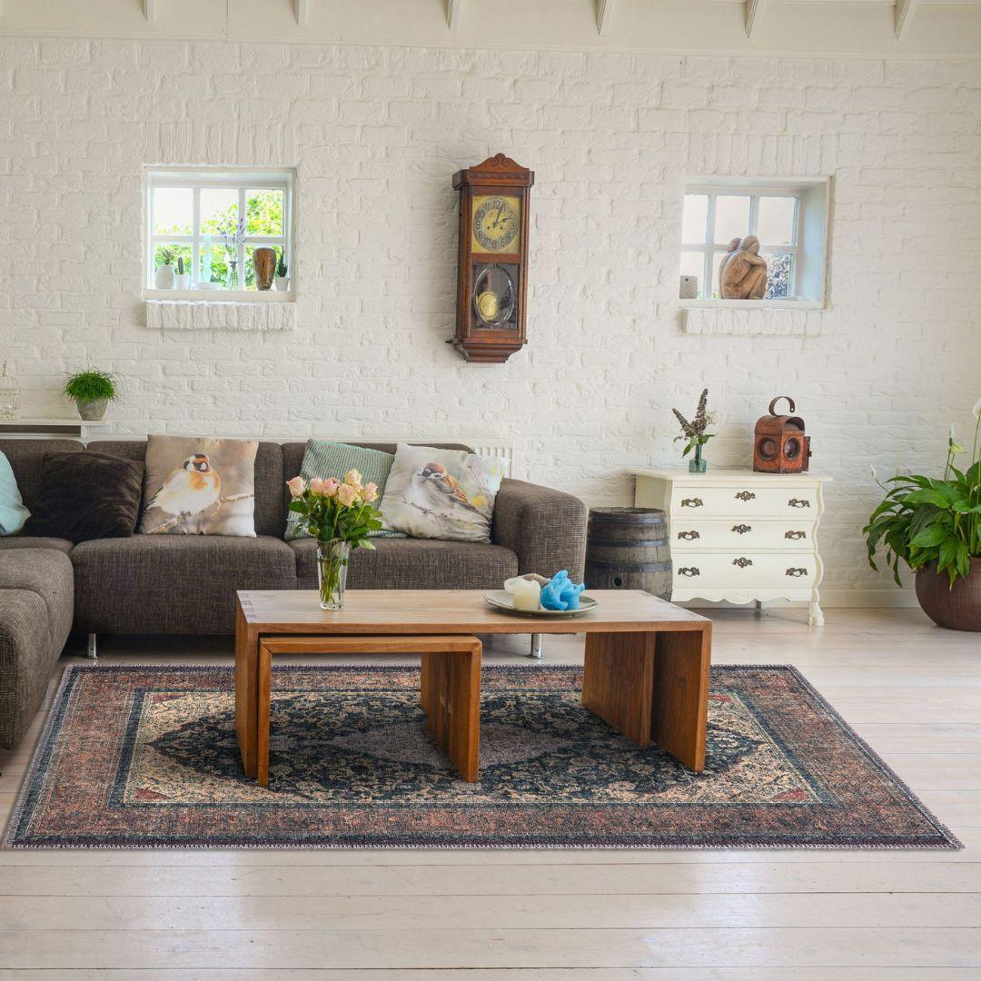 Machine Washable Oriental Rug, Vintage Distressed Medallion, Blue-Gold - SAP-P1071-GOL-2X3-2.3.1 - Arconiz