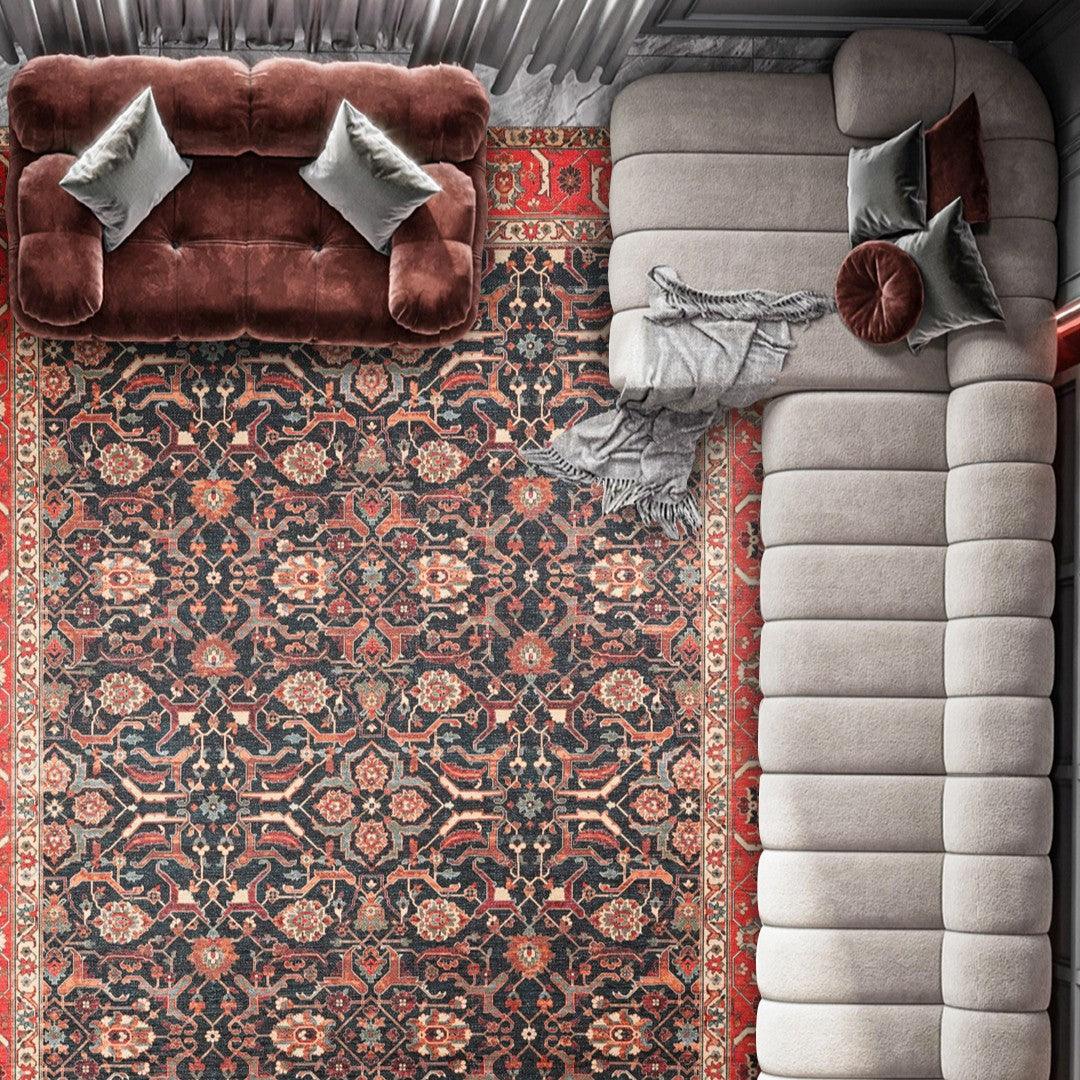 Machine Washable Area Rug - Blue & Red Decorative Border - SAP-P1138-MUL-8X10-4.1.1 - Arconiz