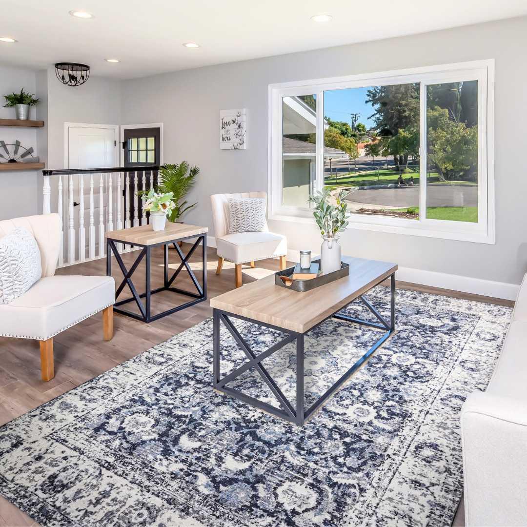 Machine Washable Area Rug, Blue & White, Recycled Material - SAP-HK9P1143-BLU-5X7-2.1.1 - Arconiz