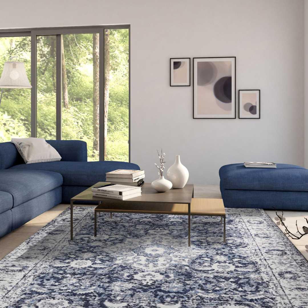 Machine Washable Area Rug, Blue & White, Recycled Material - SAP-HK9P1143-BLU-5X7-2.1.1 - Arconiz