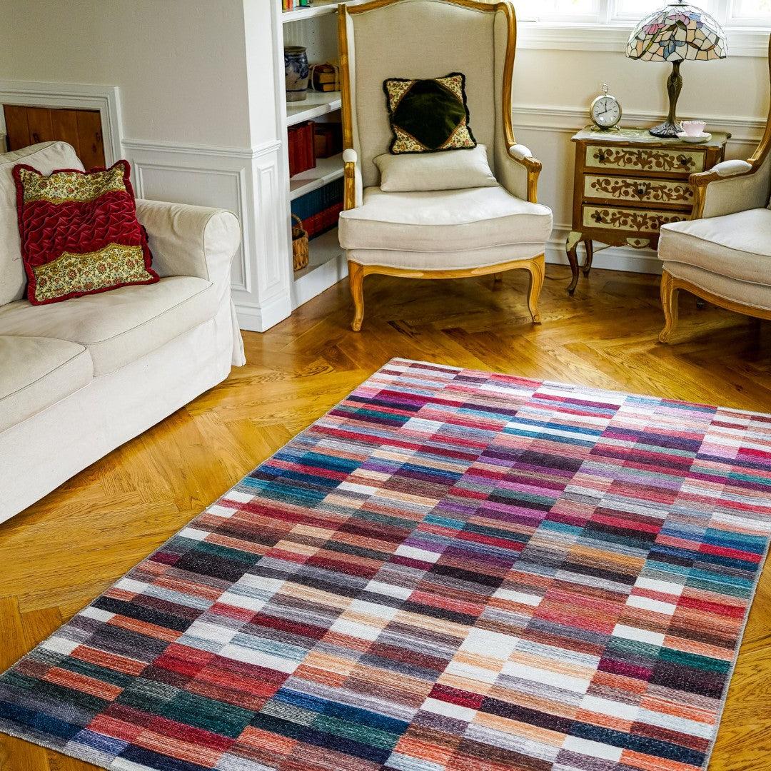 Checkered | Multicolor Geometric Area Rug - Machine Washable & Eco-Friendly - SAP-P1010-MUL-2X6-4.1.1 - Arconiz