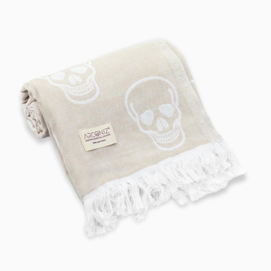 Luxurious Turkish Cotton Beach Towel - Skull Design Beige - YO-H092-VKMG - Arconiz