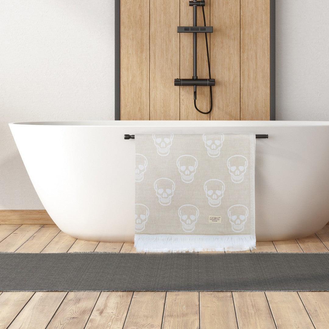 Luxurious Turkish Cotton Beach Towel - Skull Design Beige - YO-H092-VKMG - Arconiz