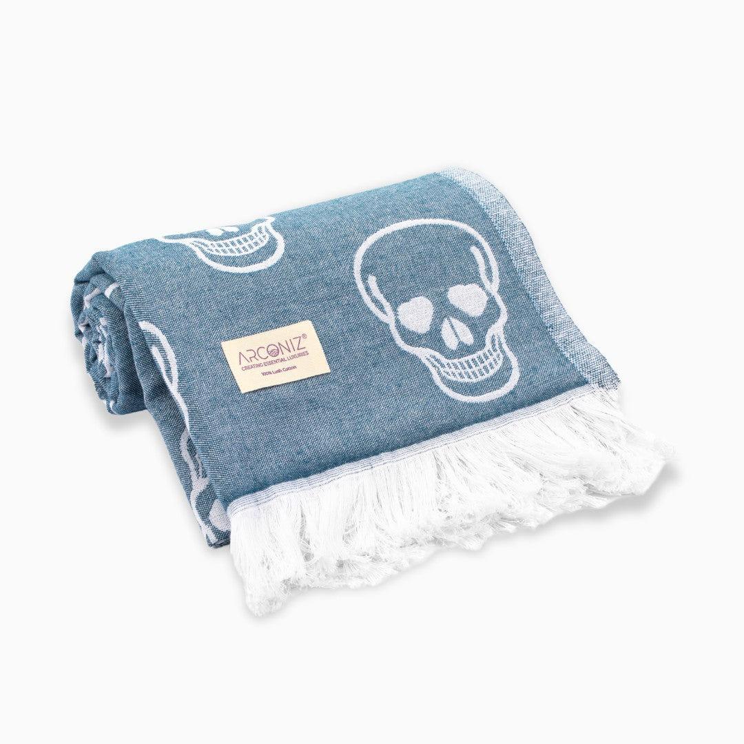 Luxurious Turkish Cotton Beach Towel - Skull Design Blue - E5-HLIN-9008 - Arconiz