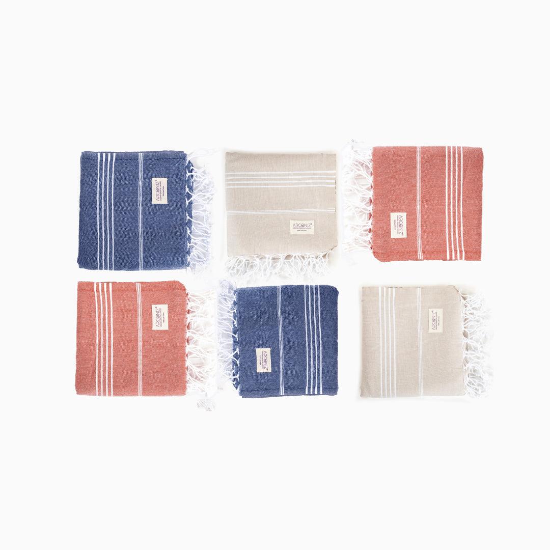 Premium Turkish Cotton Beach Towel Sultan ( Set of 6 Piece ) Blue - Dark Coral - Beige - Sul-Pest-285-95175-6S-BL-DC-BG - Arconiz