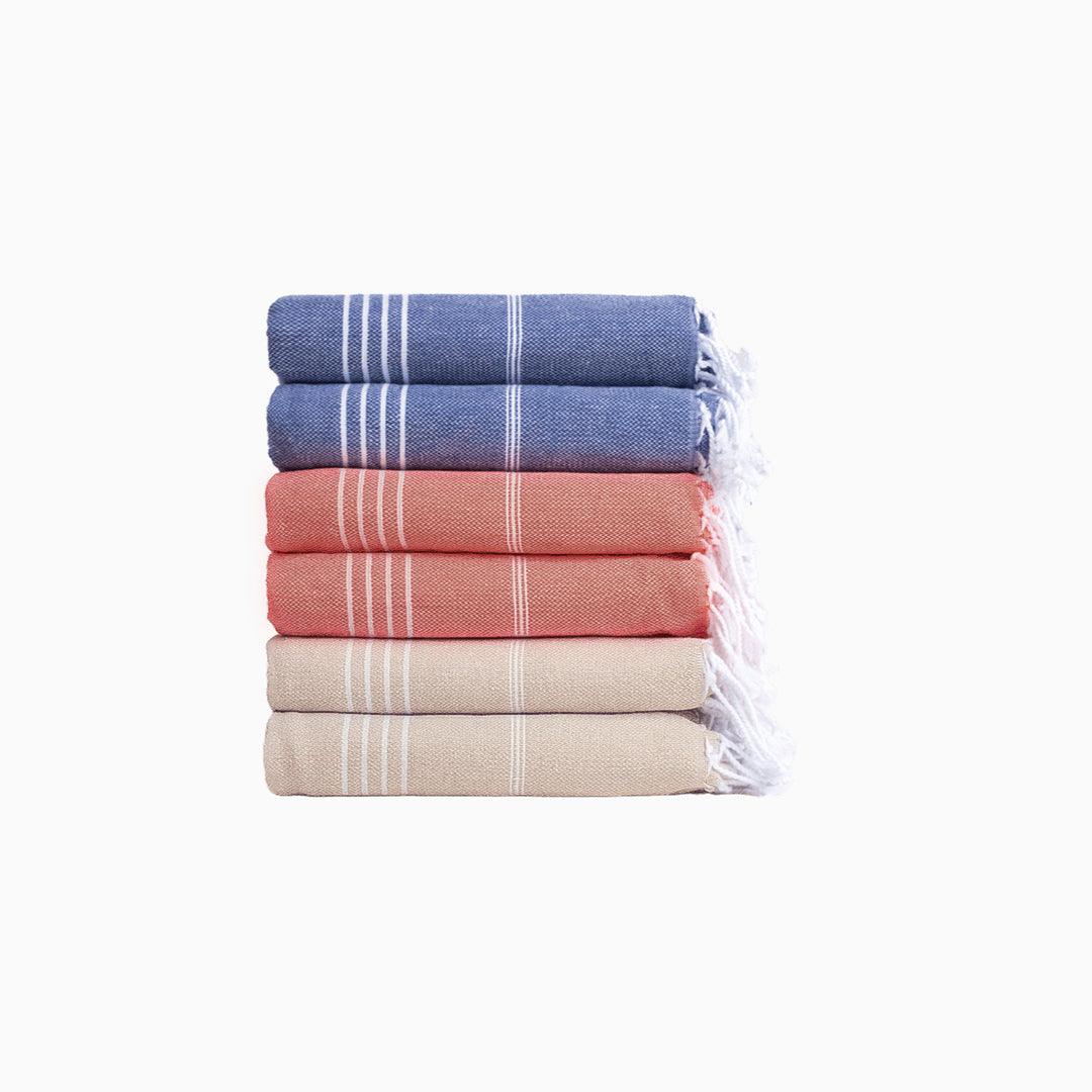 Premium Turkish Cotton Beach Towel Sultan ( Set of 6 Piece ) Blue - Dark Coral - Beige - Sul-Pest-285-95175-6S-BL-DC-BG - Arconiz