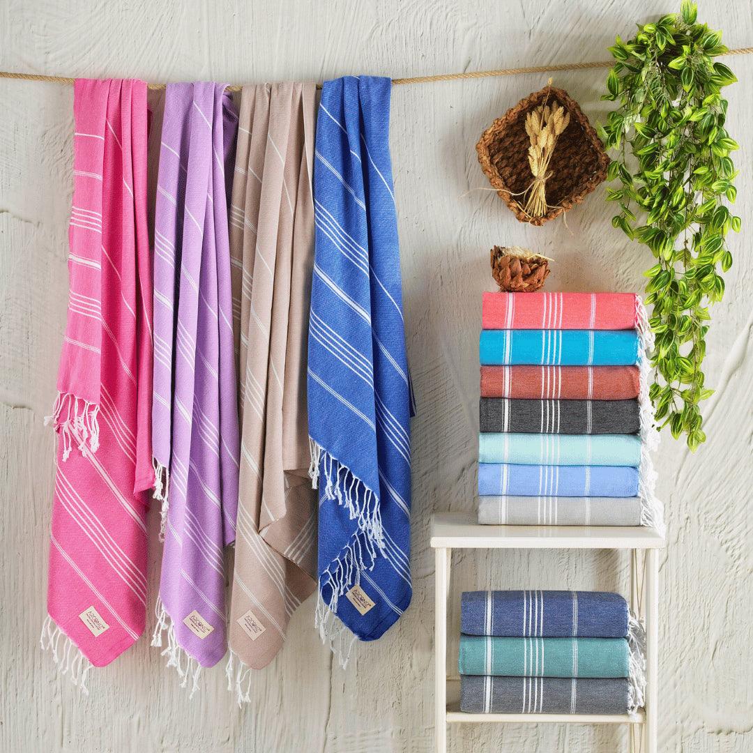 Premium Turkish Cotton Beach Towel Sultan ( Set of 6 Piece ) Blue - Dark Coral - Beige - Sul-Pest-285-95175-6S-BL-DC-BG - Arconiz